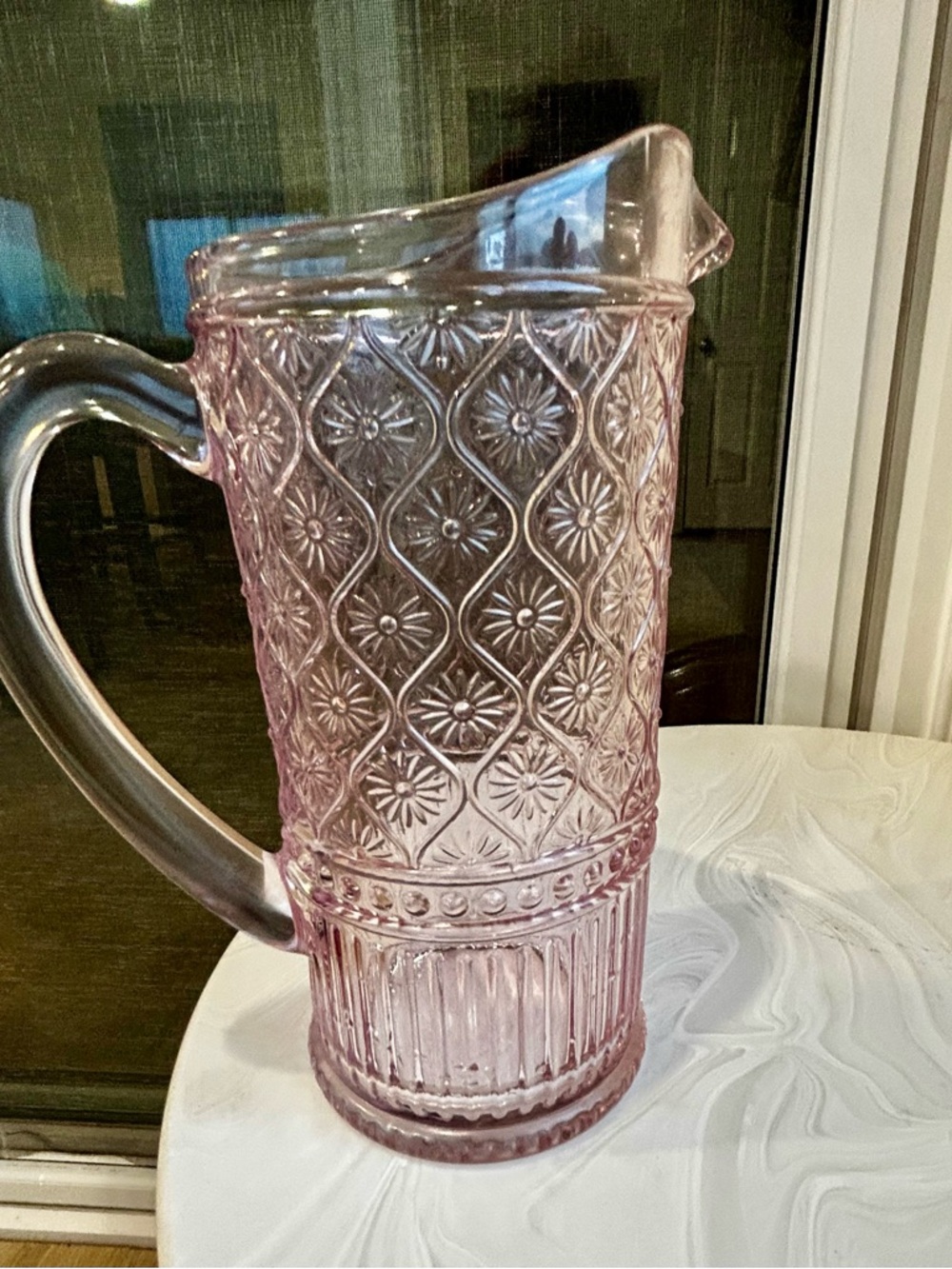 Godinger Claro Glass Beverage Pitcher w Handle 33oz Pink Rose functional storage
